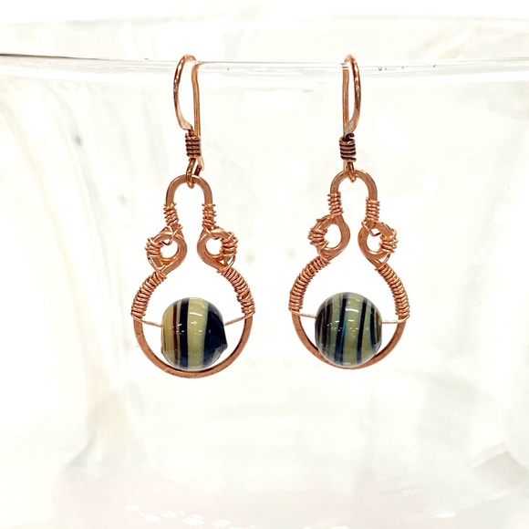HANDMADE Vintage Glass Bead Hand Wrapped with Hand Hammered Bare Copper Earrings - Picture 8 of 10